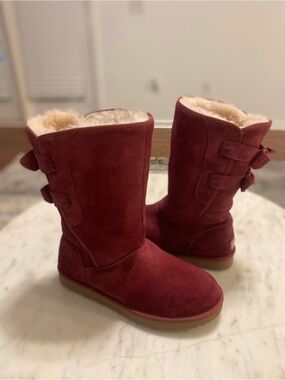 UGG Girls Burgundy Suede Bow Back Shearling Boots